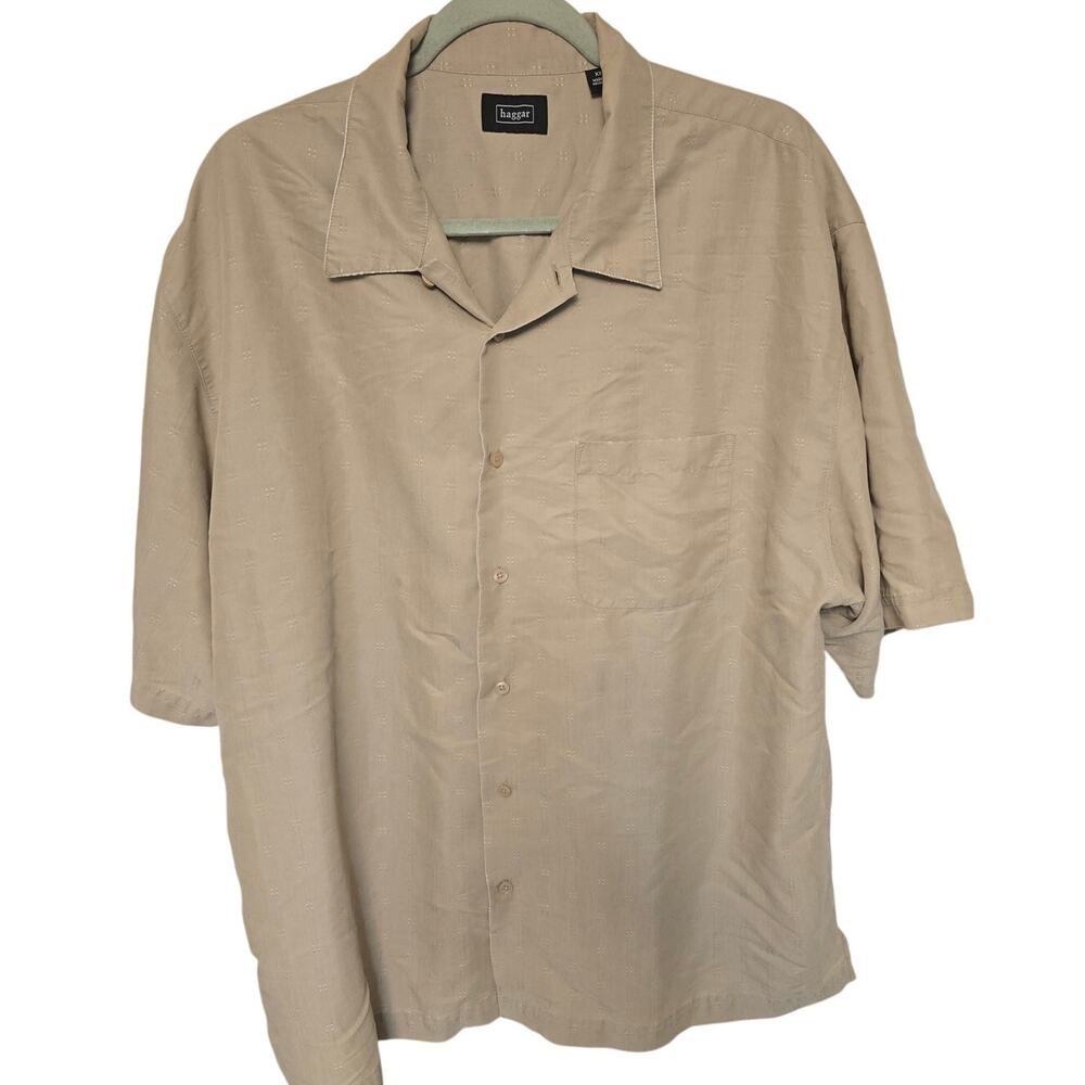 Haggar Mens XXL 2X Tan Dobby Geometric Camp Shirt Short Sleeve Button Up
